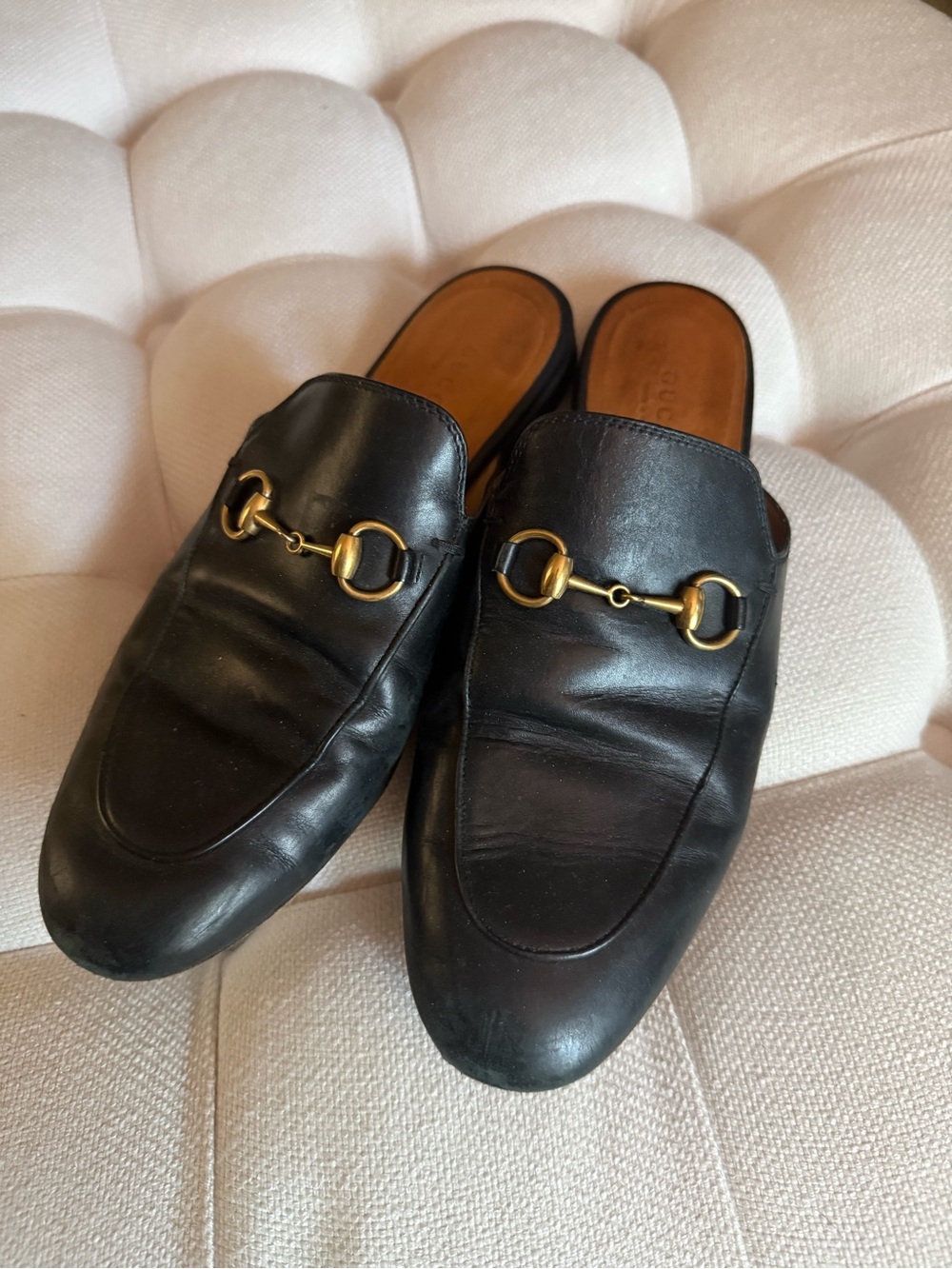 Gucci Black Leather Horsebit Backless Princetown Loafers with Gold Hardware